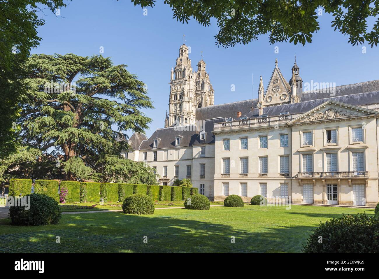 France, Indre et Loire, Tours, Loire Valley classified World Heritage by UNESCO, towers of the Saint Gatien cathedral from the garden of the Museum of Fine Arts and its old cedar of Lebanon Stock Photo
