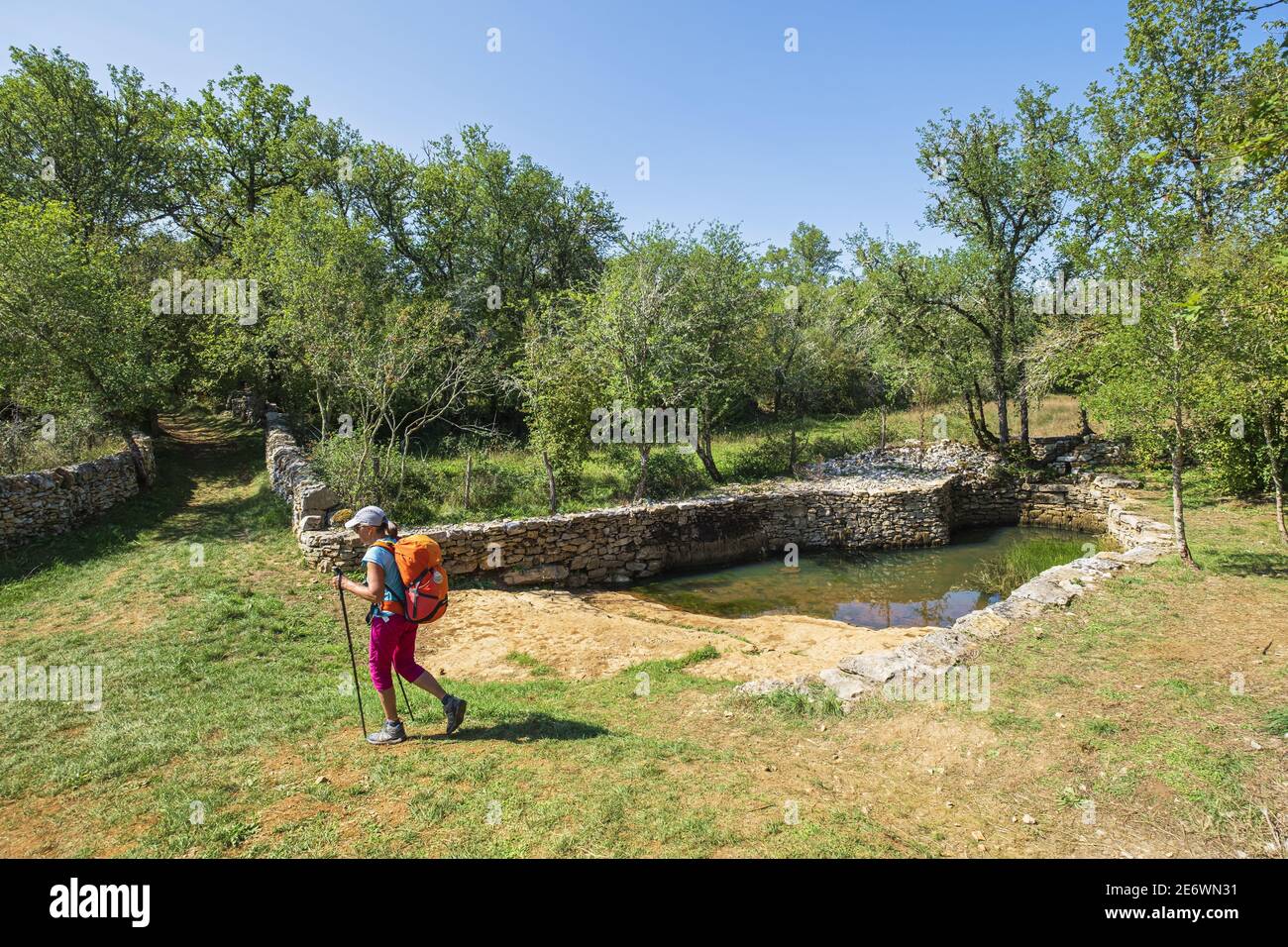 France, Lot, surroundings of Varaire, hike on the Via Podiensis, one of the pilgrim routes to Santiago de Compostela or GR 65, former wash hosue Stock Photo