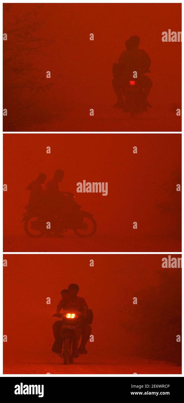 A Combination Photo Shows A Motorcyclist Turning Back Due To Intense Heat While Passing Through Haze Near Burnt Peat Land In Rokan Hilir Indonesia S Riau Province August 14 2005 In Sumatra A<script async src=