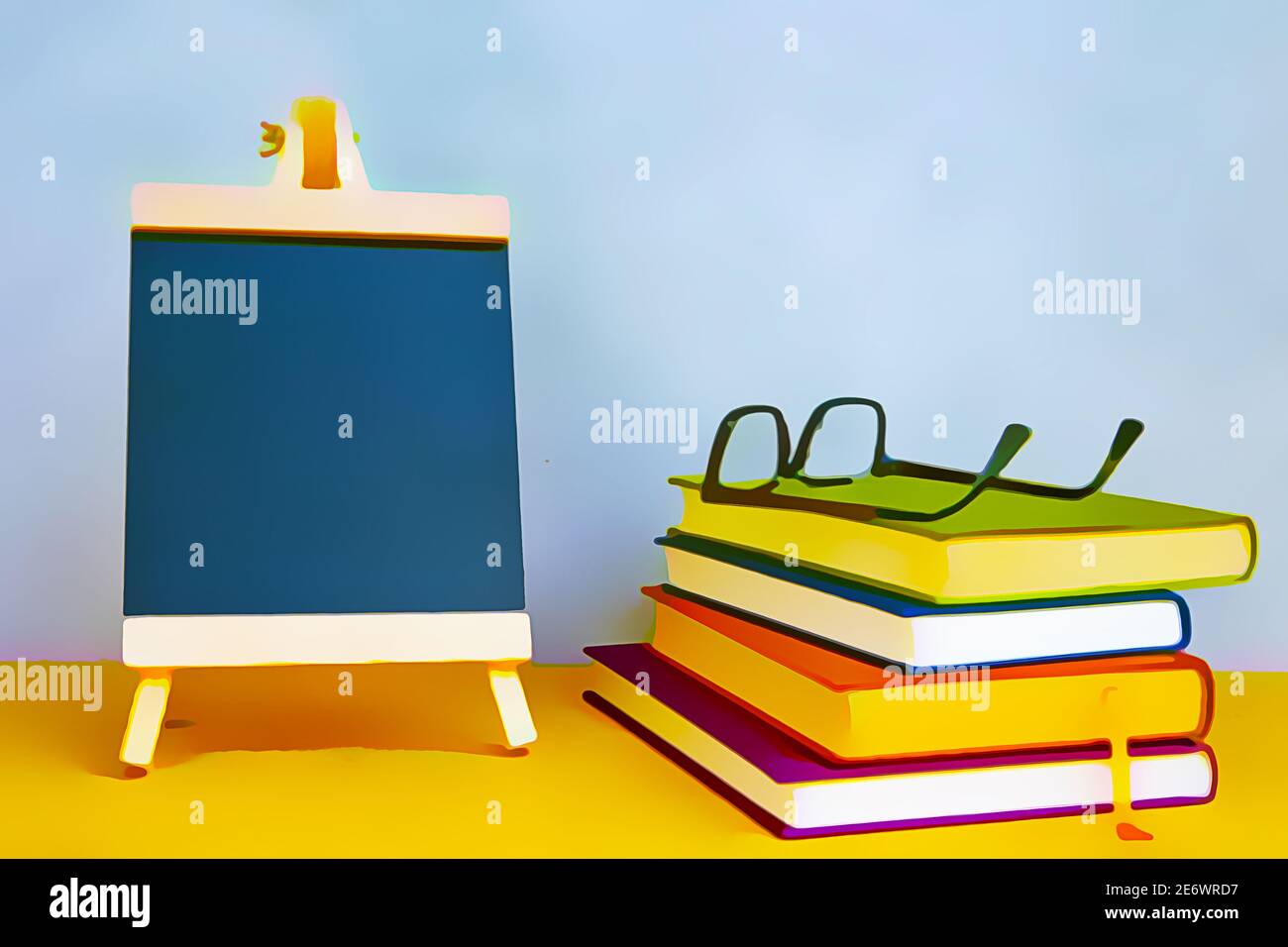 chalkboard with books and eyglasses on grey background. illustration painting background Stock Photo