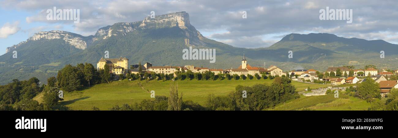 France, Savoy, Saint Andre les Marches, panoramic view of the village and Mount Granier ( Stock Photo