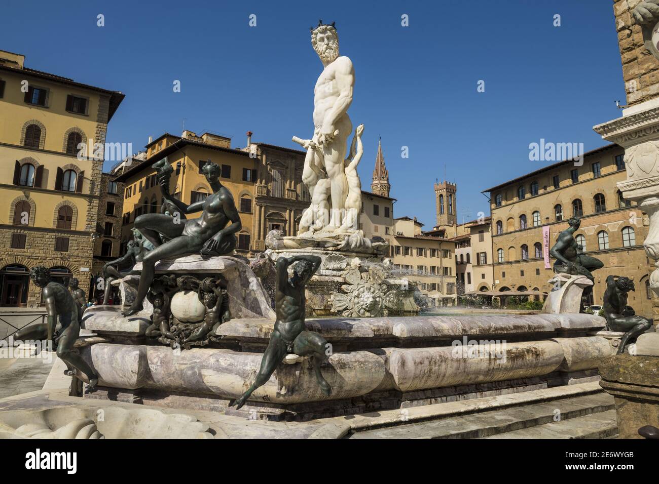 Italy, Tuscany, Florence, historic center listed as World Heritage by UNESCO, Piazza della Signoria, fontana del Nettuno (Neptune fountain) built between 1563 and 1575 by Bartolomeo Ammannati Stock Photo