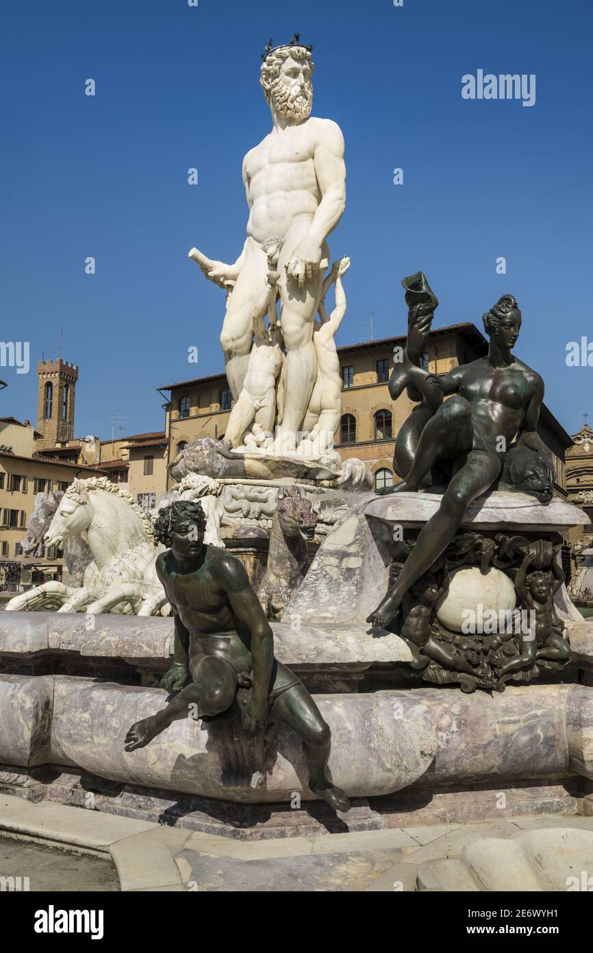 Italy, Tuscany, Florence, historic center listed as World Heritage by UNESCO, Piazza della Signoria, fontana del Nettuno (Neptune fountain) built between 1563 and 1575 by Bartolomeo Ammannati Stock Photo