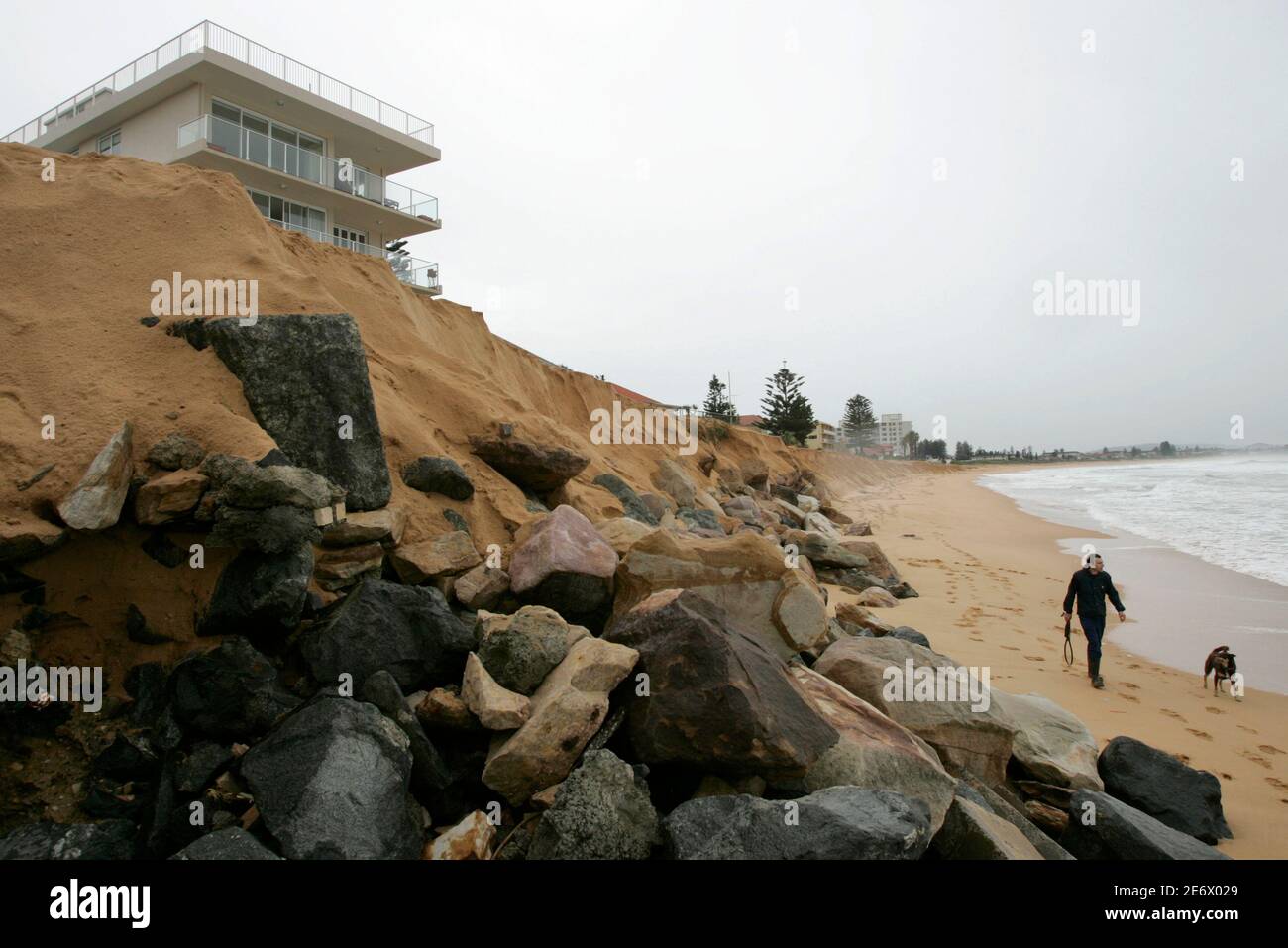 A man walks his dog past rocks exposed by high seas near an apartment block at South Narrabeen Beach in Sydney June 10, 2007. The death toll from a storm and torrential rain hitting Australia's east coast stands at seven with two still missing, said police as forecasters say conditions will begin to ease. REUTERS/Will Burgess    (AUSTRALIA) Stock Photo