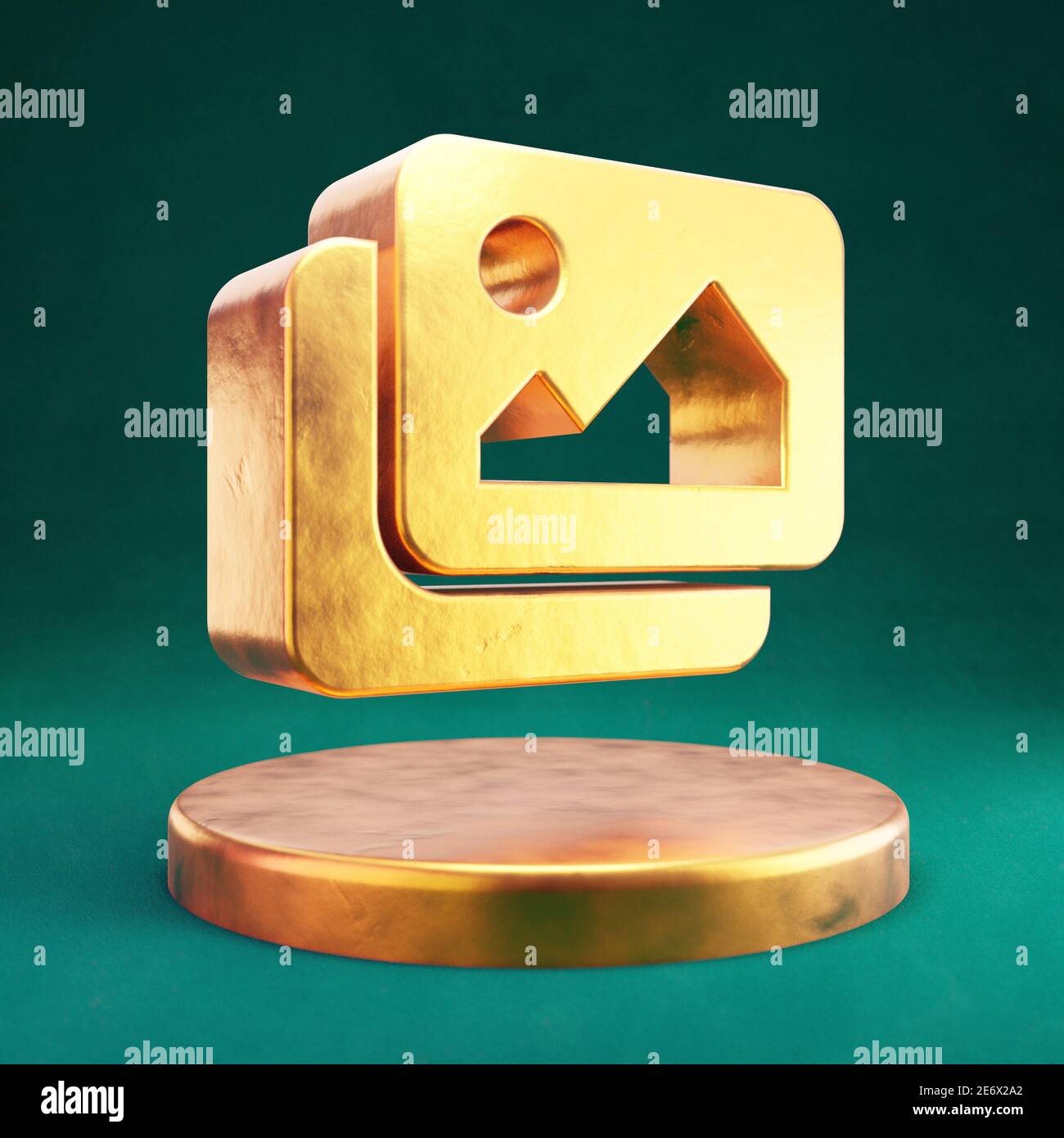 Images icon. Fortuna Gold Images symbol on golden podium. Stock Photo