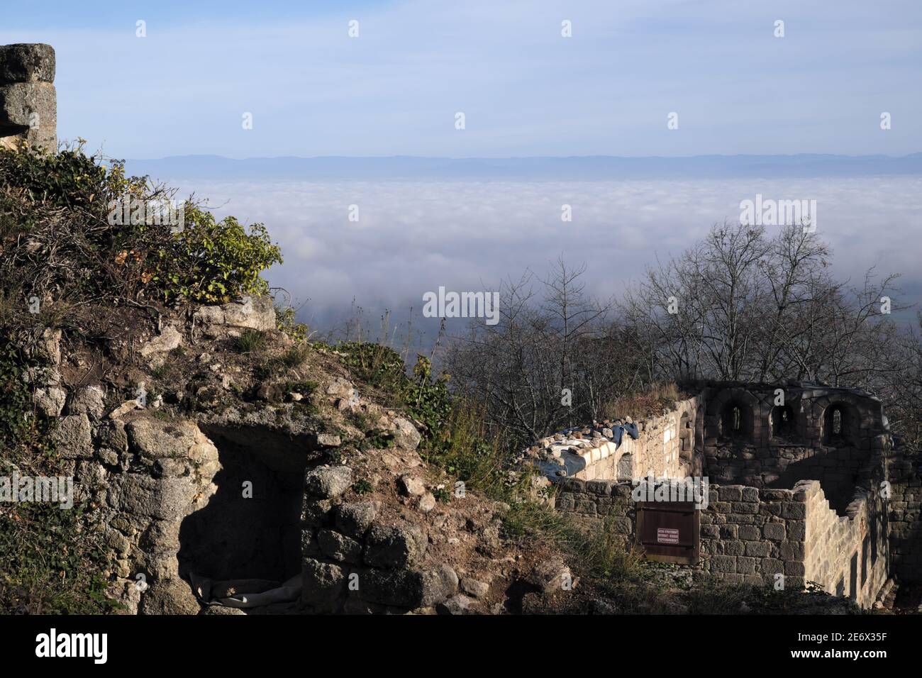 France, Bas Rhin, Dambach la Ville, Bernstein castle dated 12th century,  lower castle, view of the Alsace plain in the fog, the Black Forest in  Germany Stock Photo - Alamy