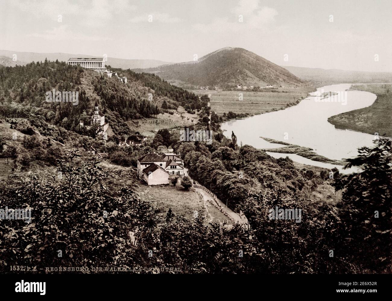 Vintage 19th century / 1900 photograph: Regensburg Germany, the Walhalla, and Donauthal. The Walhalla is a hall of fame that honours laudable and distinguished people in German history Stock Photo
