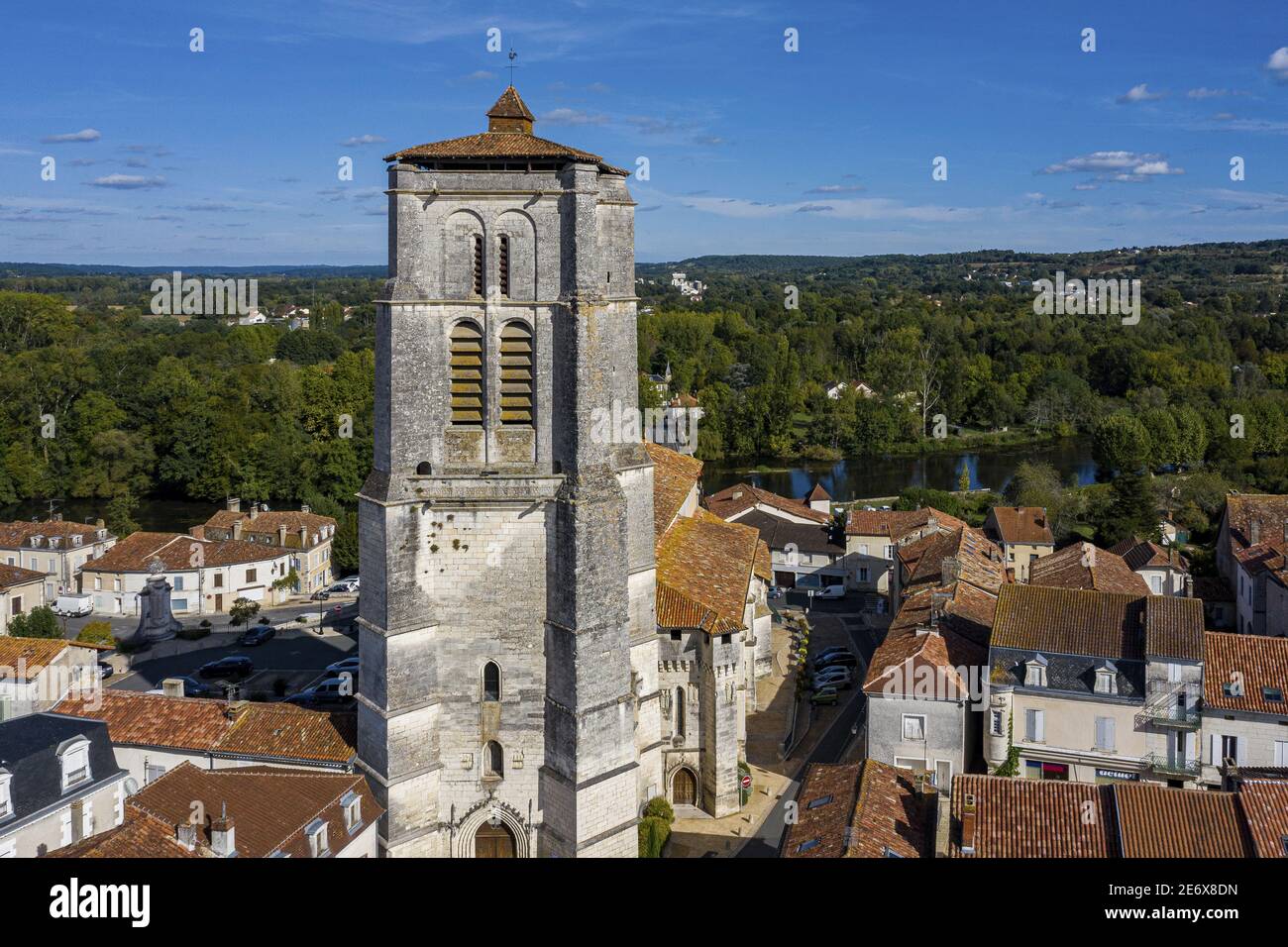 France, Dordogne, White Perigord, Saint-Astier, Town of Saint-Astier (aerial view) Stock Photo