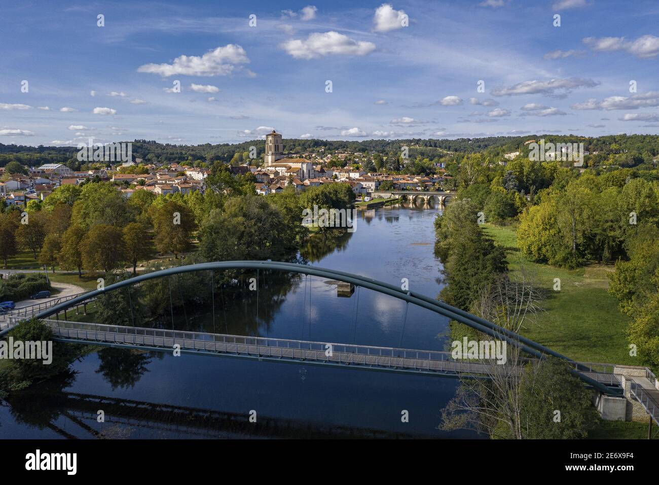 France, Dordogne, White Perigord, Saint-Astier, Town of Saint-Astier (aerial view) Stock Photo