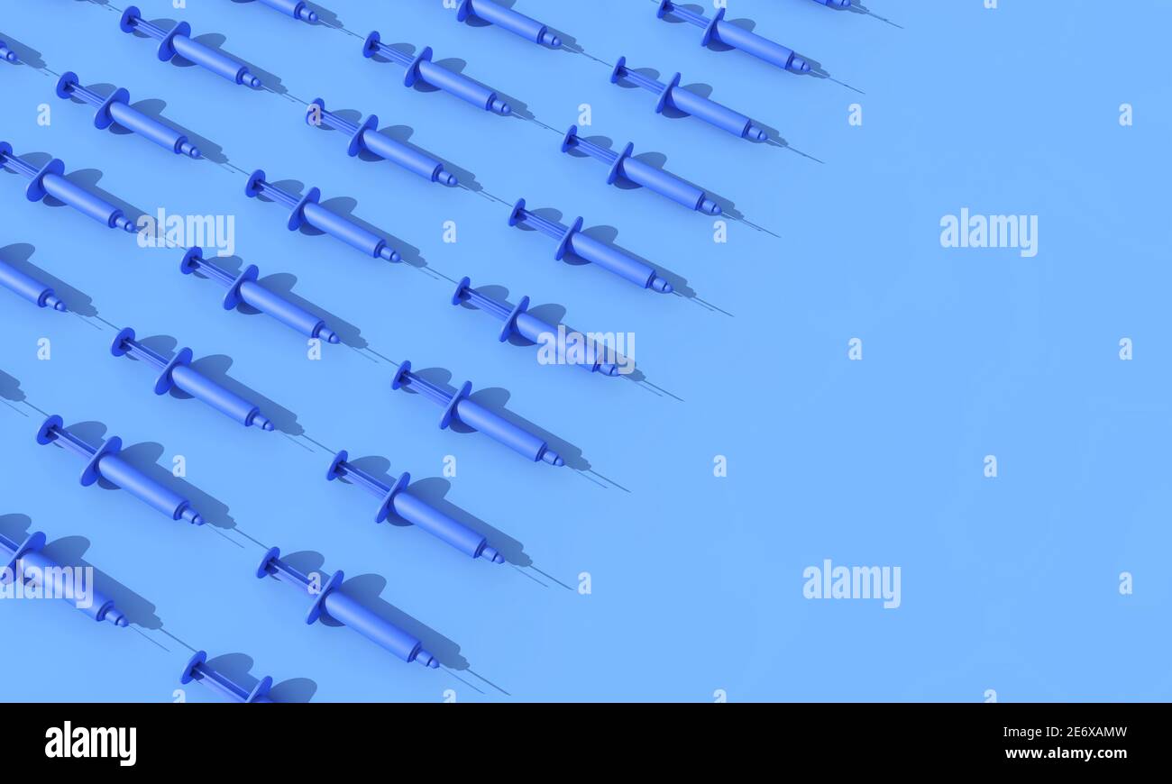Rows of vaccination syringes lined up on a blue background. 3D ...