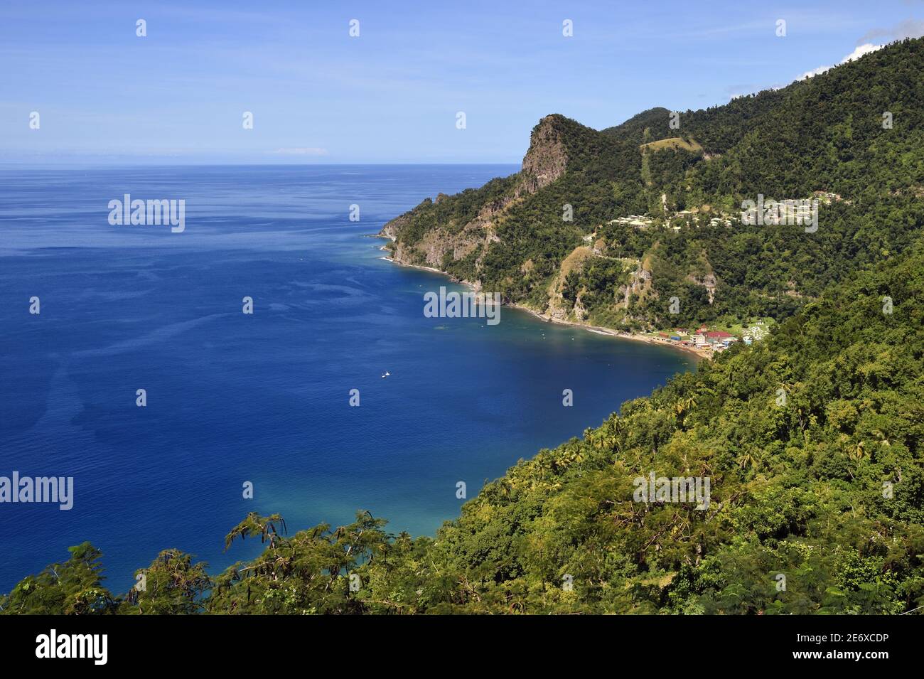 Caribbean, Dominica Island, Soufri?re Bay and the village of Soufri?re ...