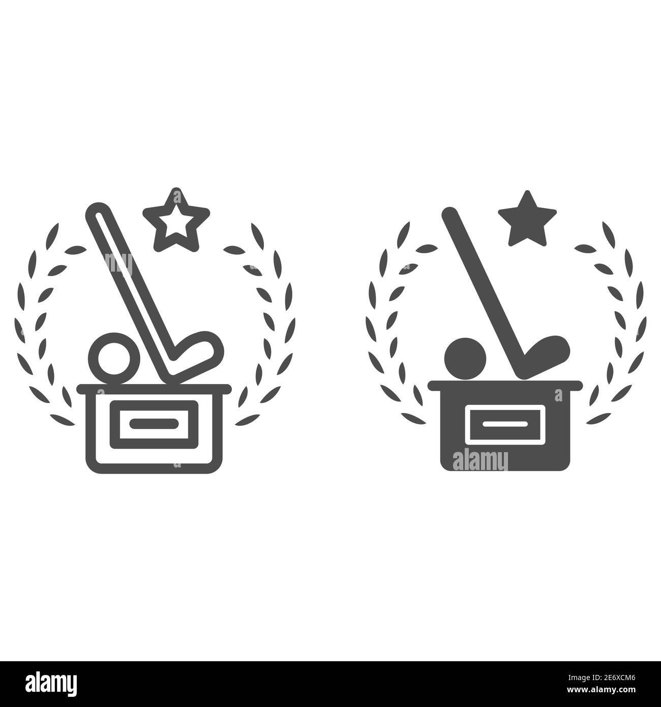 Prize to golf winner line and solid icon, sports and competition concept, trophy with stick and golfball sign on white background, award with golf Stock Vector