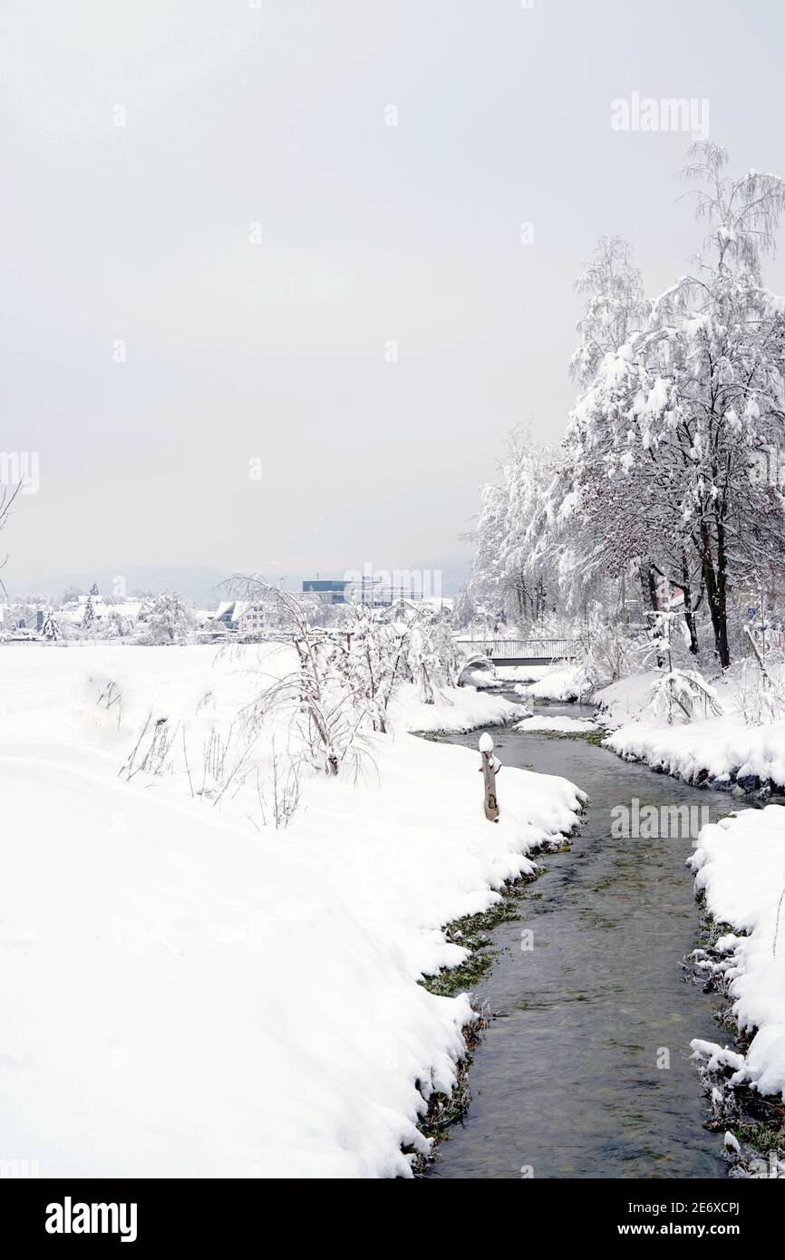 Stream or brook called Schaeflibach in winter flowing through village Urdorf in Switzerland. Both banks are covered with snow in extreme snowfall. Stock Photo