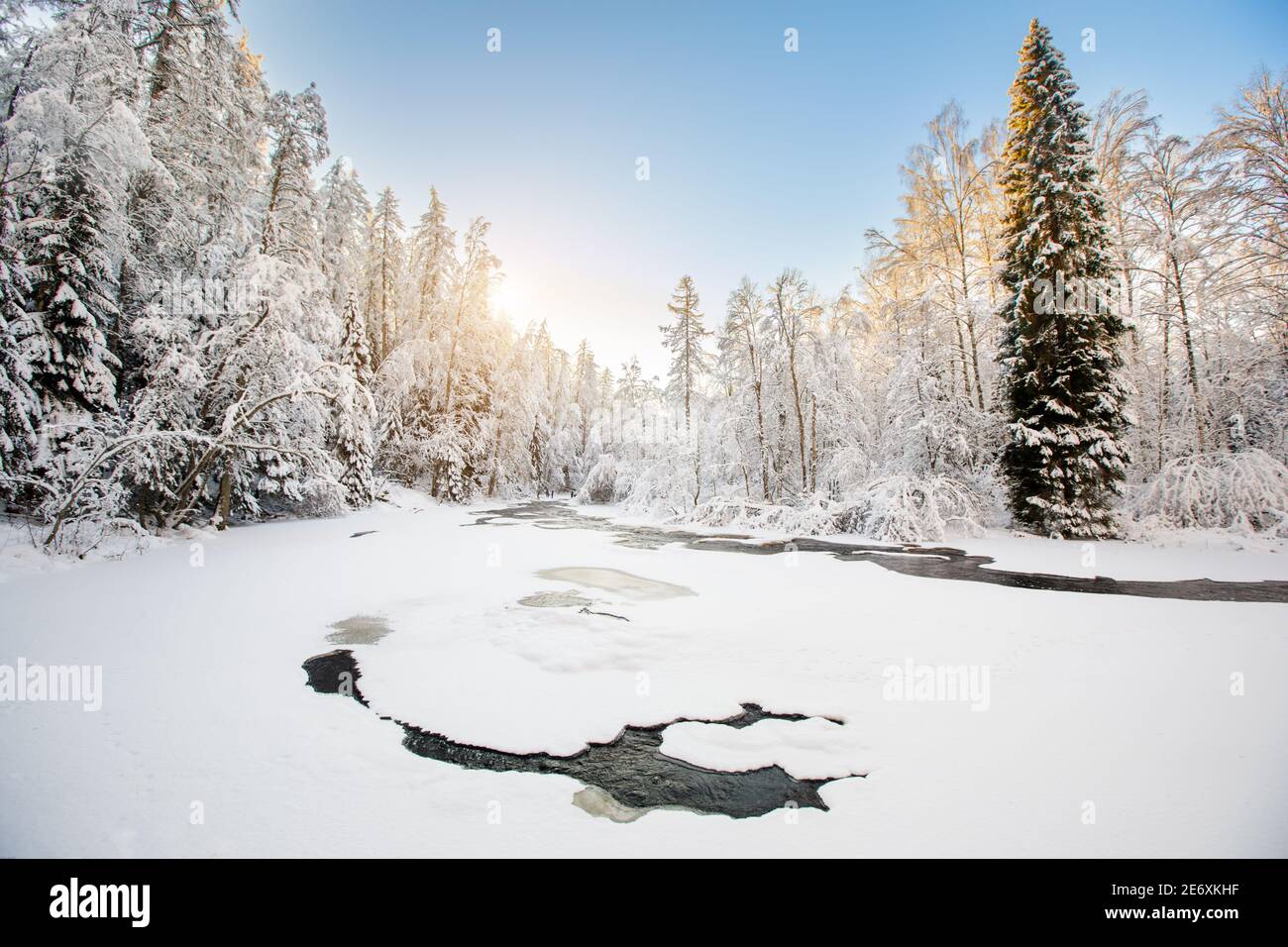 Beautiful winter river and forest Stock Photo