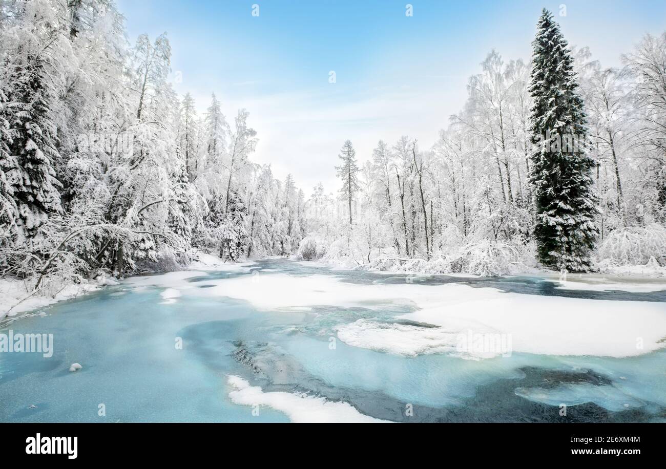 Beautiful winter river and forest Stock Photo
