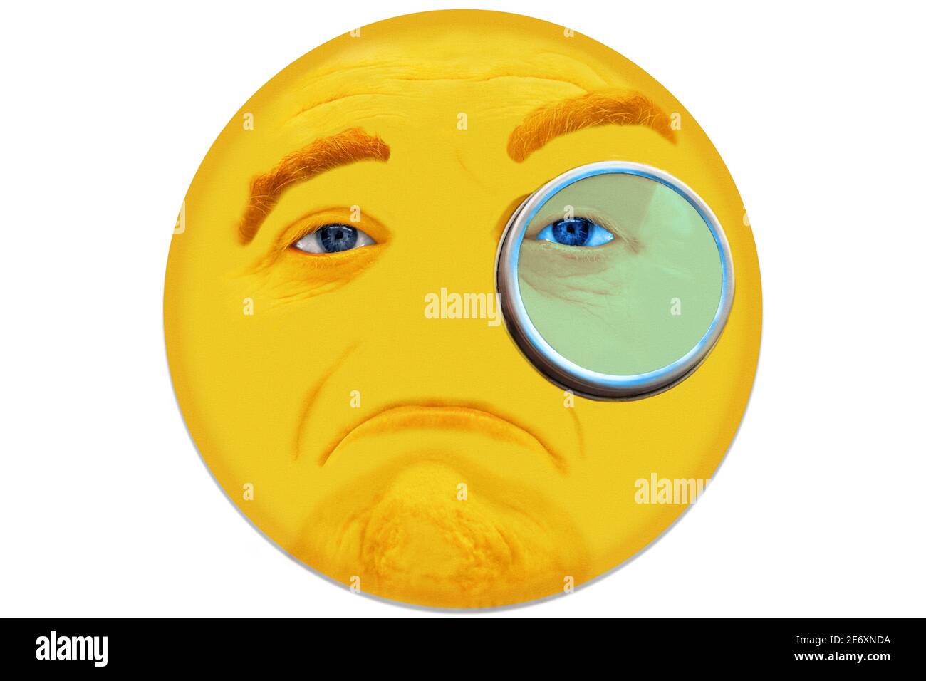 A yellow face of a man shows emotion skepticism, doubt, mistrust. A monocle and a raised eyebrow symbolize a testing look. Stock Photo