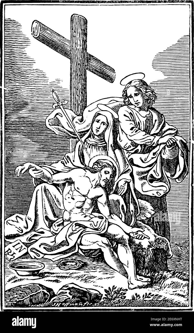 13th or thirteenth Station of the Cross or Way of the Cross or Via Crucis. Jesus is taken down from the cross.Bible,New Testament.Antique vintage biblical religious engraving or drawing. Stock Vector