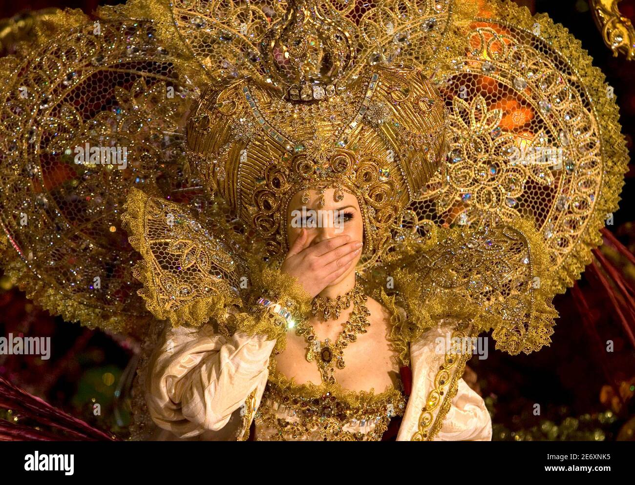 Tenerife's Carnival Queen Nauzet Celeste Cruz Melo reacts during the gala  for the election of the Queen in Santa Cruz de Tenerife, capital of the  Spanish Canary Island of Tenerife, January 30,