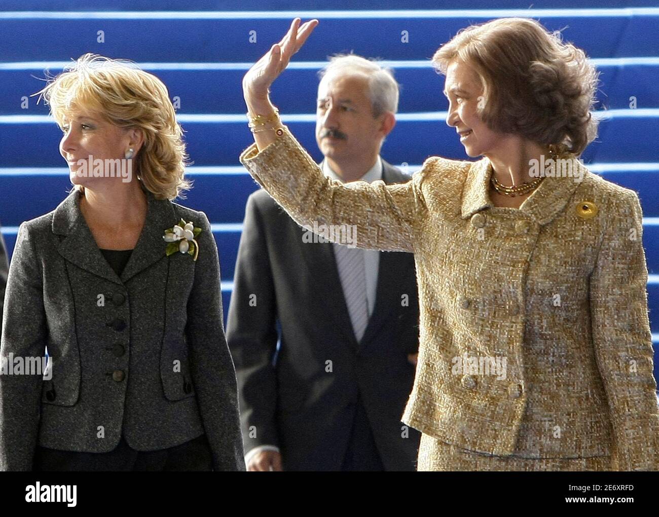 Spanish Queen Sofia (R) and Madrid's regional president Esperanza Aguirre arrive at the inauguration of a new Telefonica building in Madrid October 8, 2008. REUTERS/Juan Medina ( SPAIN ) Stock Photo