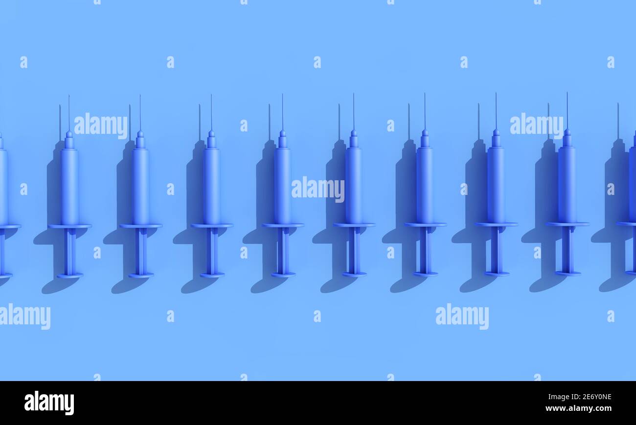 Rows of vaccination syringes lined up on a blue background. 3D ...