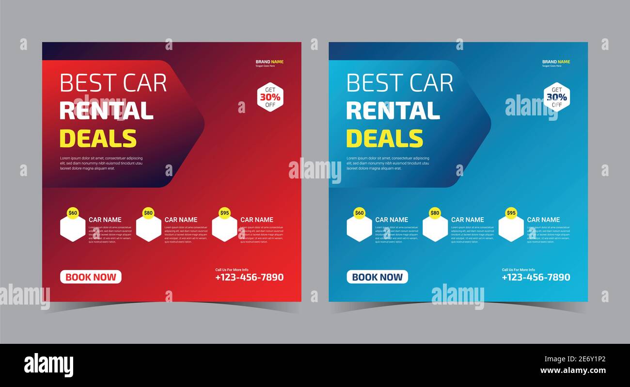 best car rental social media post. best car rent flyer template Stock