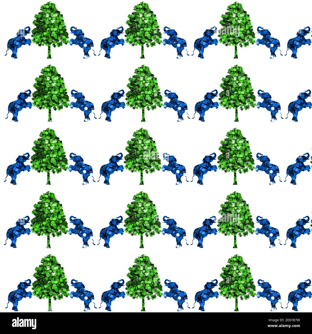 Illustration of blue elephants and green trees on a white background ...