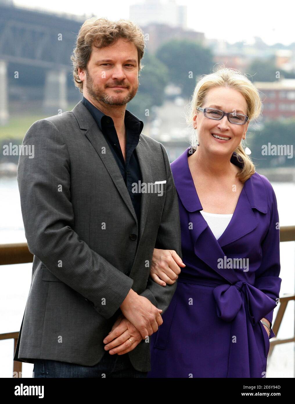 U.S. actress Meryl Streep poses with British actor Colin Firth during a  media call at Sydney Opera House July 8, 2008. The actors are in Australia  to promote the movie 