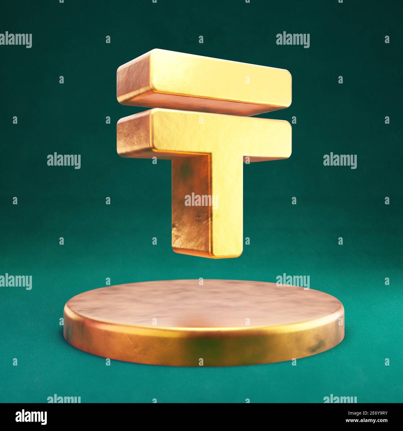 Tenge icon. Fortuna Gold Tenge symbol on golden podium. Stock Photo