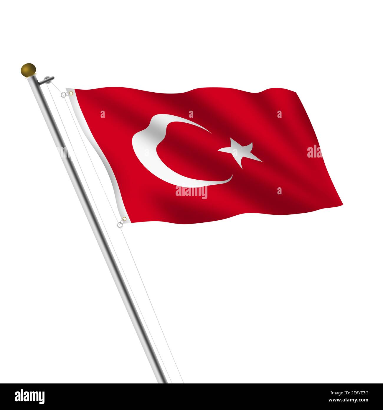 Turkey flagpole 3d illustration on white with clipping path red crescent moon star Stock Photo