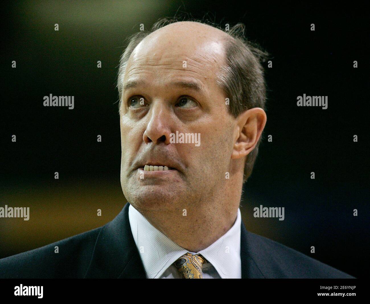 Vanderbilt University head coach Kevin Stallings reacts after their loss to Arkansas in their Southeastern Conference NCAA basketball game in Atlanta, Georgia, March 14, 2008. REUTERS/Tami Chappell (UNITED STATES) Stock Photo