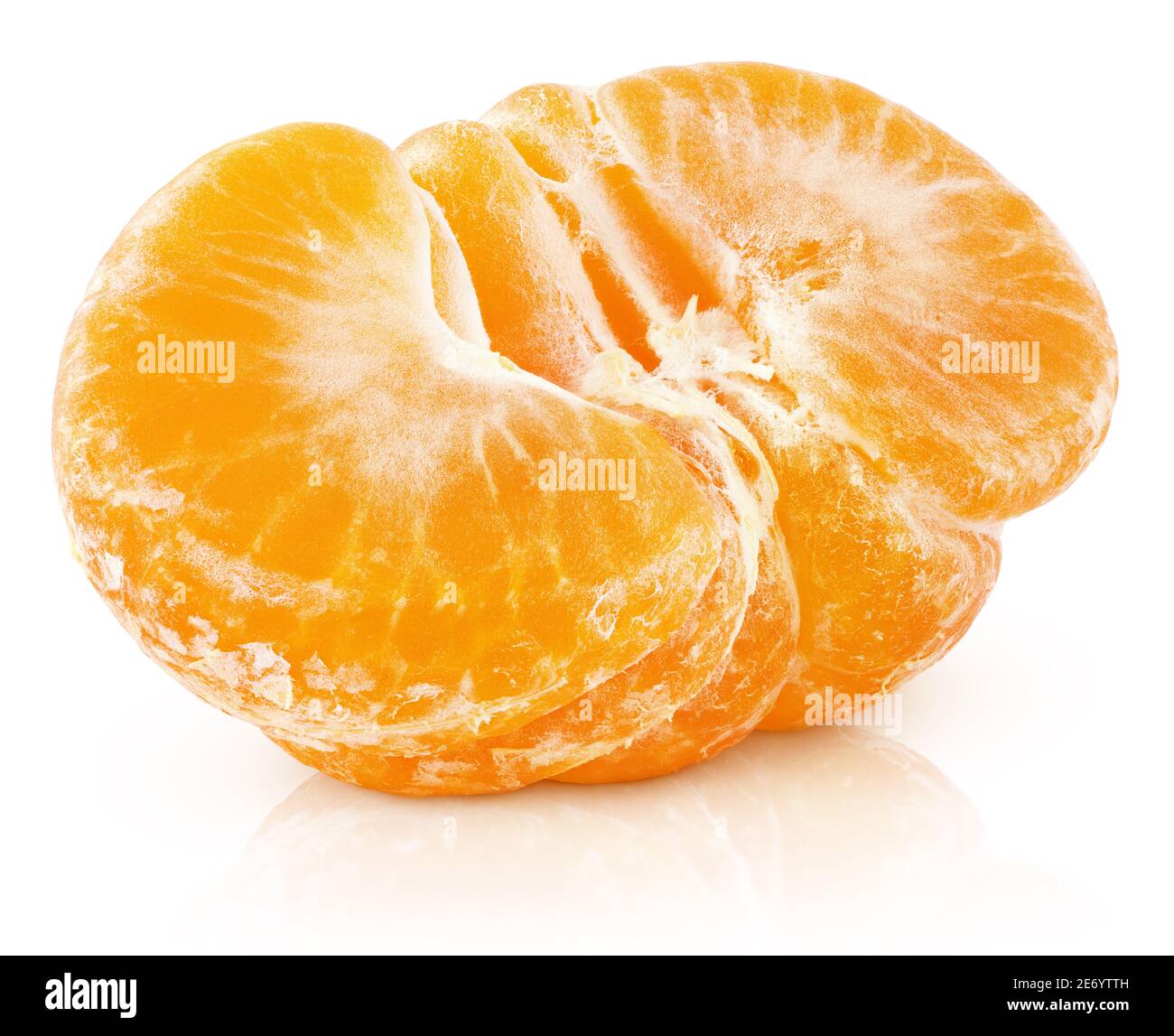 Ripe half of peeled mandarin or orange citrus fruit isolated on white background with clipping path. Full depth of field. Stock Photo