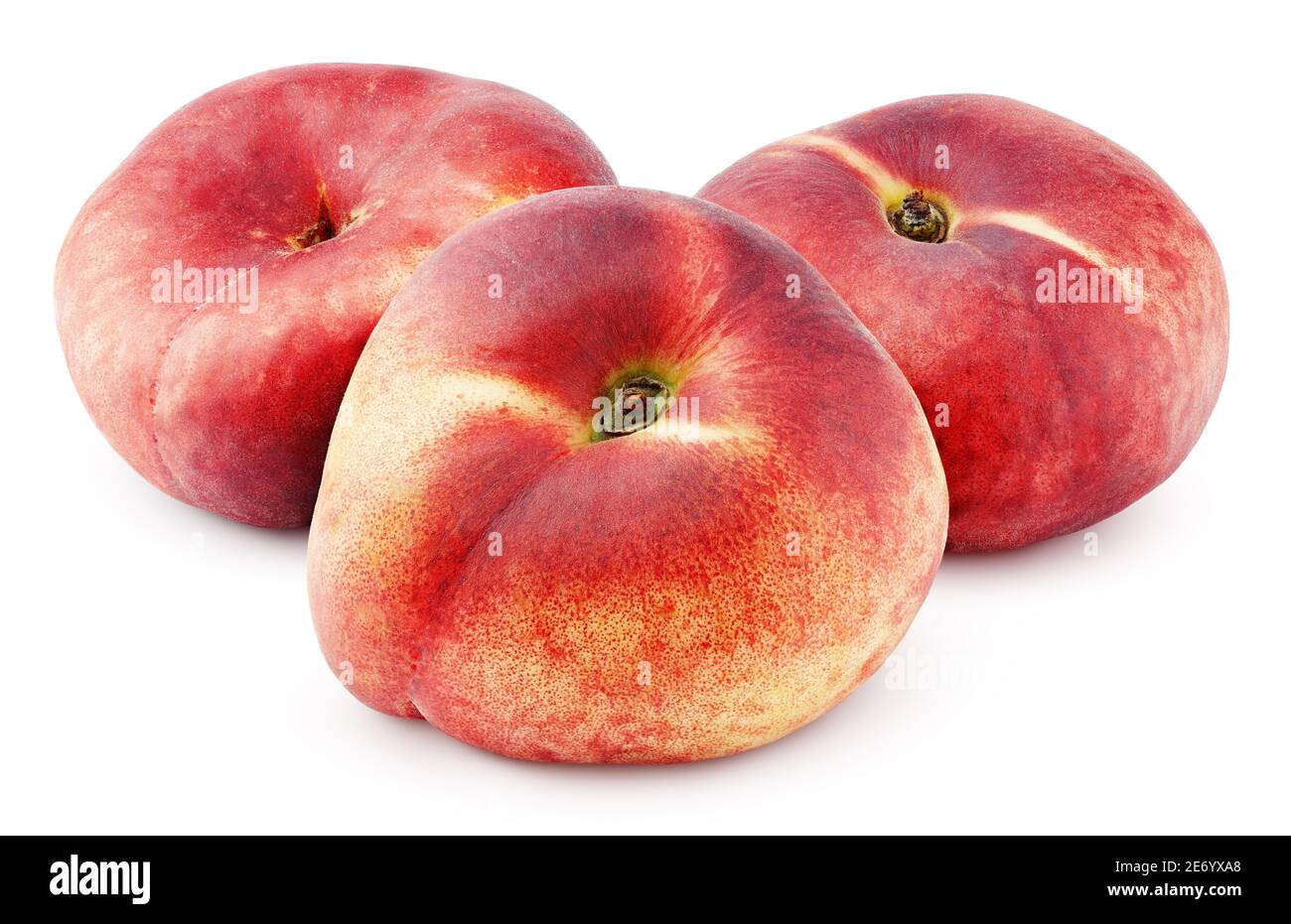 Three chinese flat donut peaches isolated on white background with clipping path. Full depth of field. Stock Photo