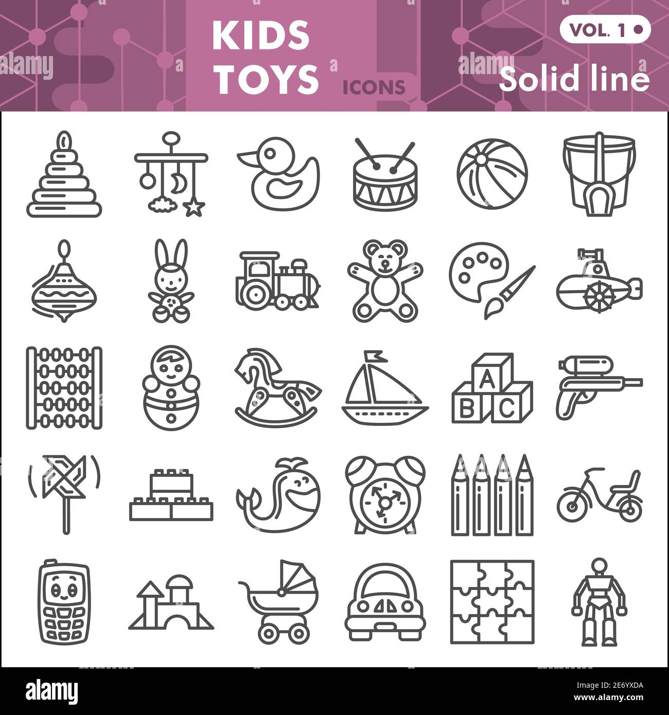 Kids toys line icon set, Children toys symbols collection or sketches. Baby toy linear style signs for web and app. Vector graphics isolated on white Stock Vector