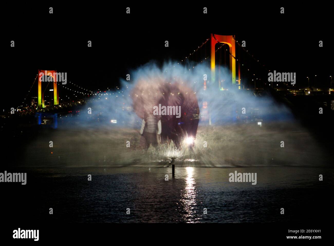 An image of an elephant is projected on a screen created by a water fountain during a press preview of 'Odaiba water illumination' show in Tokyo December 18, 2009. The 15 minute show, which projects images on a 15 meters (49 feet) tall and 40 meters (131 wide) water screen along with music, will be held from December 21 to January 11, 2010. REUTERS/Yuriko Nakao (JAPAN - Tags: SOCIETY)  BEST QUALITY AVAILABLE Stock Photo