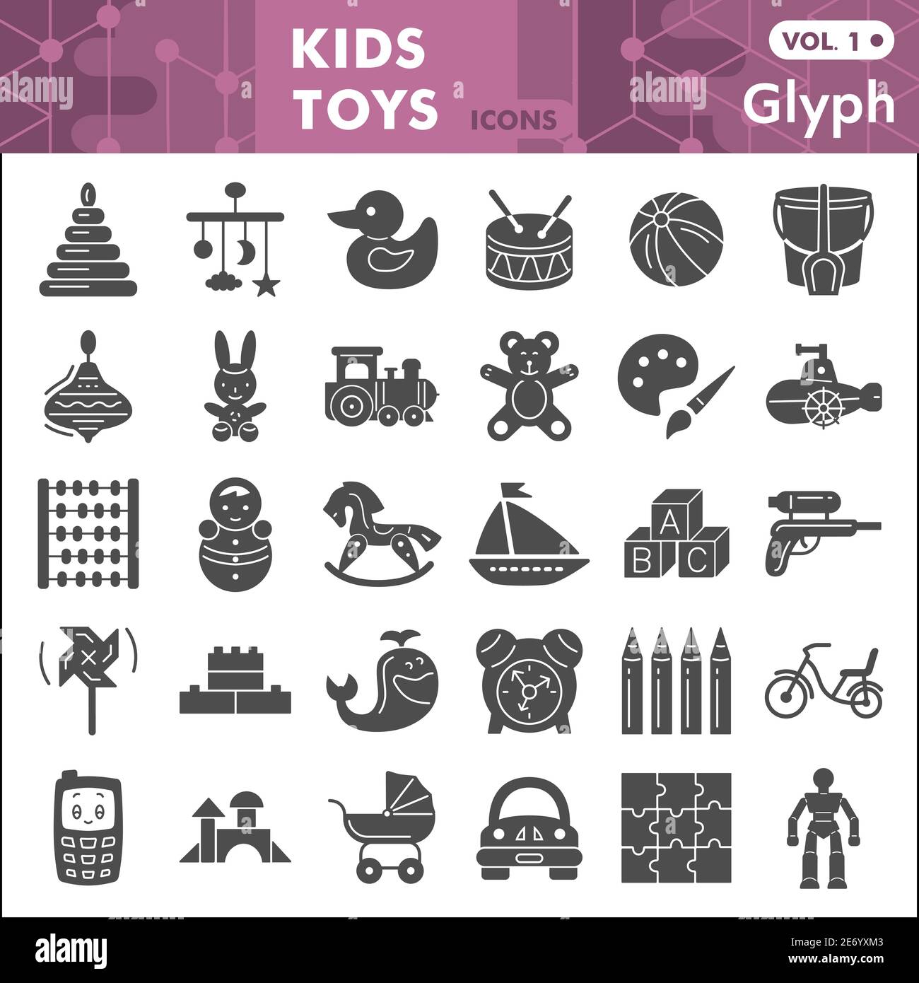 Kids toys solid icon set, Children toys symbols collection or sketches. Baby toy glyph style signs for web and app. Vector graphics isolated on white Stock Vector