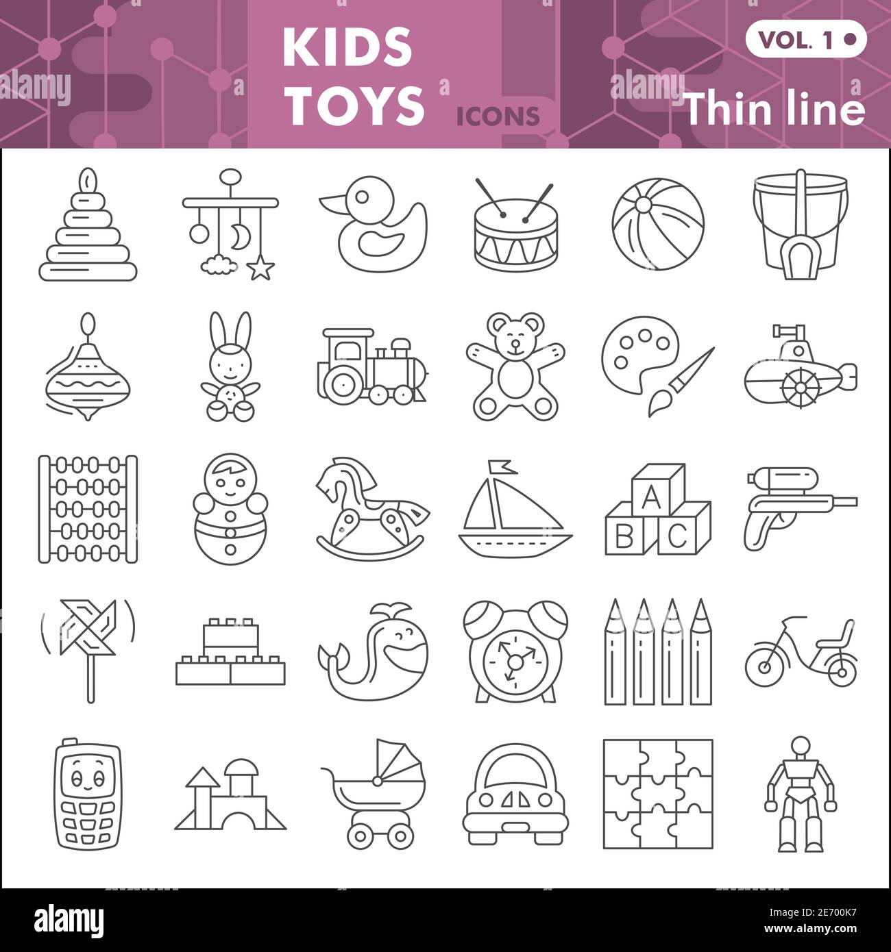 Kids toys thin line icon set, Children toys symbols collection or sketches. Baby toy linear style signs for web and app. Vector graphics isolated on Stock Vector