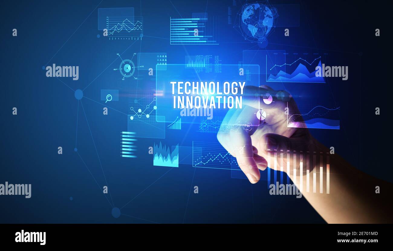 Inscription Technology Hand touching TECHNOLOGY INNOVATION inscription, new business ...
