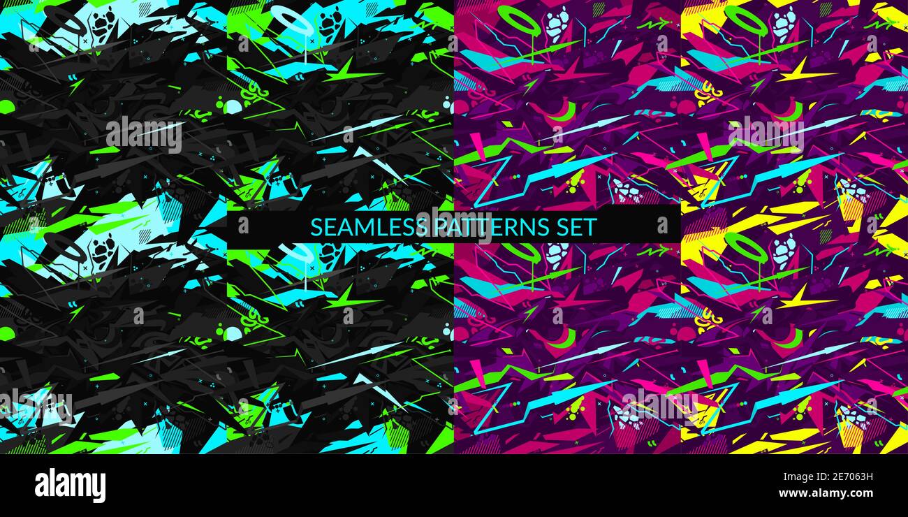Seamless Cyberpunk Neon Abstract Graffiti Style Patterns Set Vector Illustration Art Stock Vector