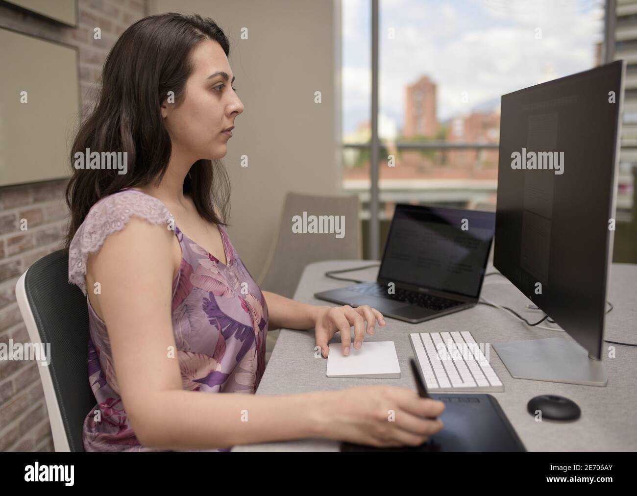 Young female freelancer working remotely from home using laptop computer and stylus Stock Photo