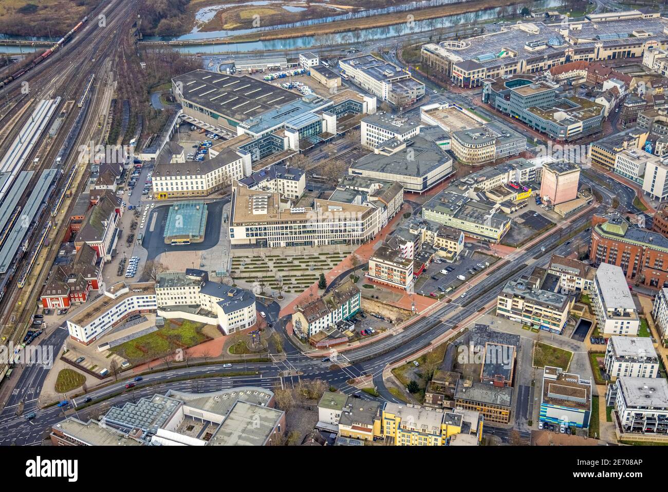 Aerial view of the city center, Bahnhofstraße in Hamm, Ruhr area, North Rhine-Westphalia, Germany, Bundesstraße B63, City, DE, Europe, commercial buil Stock Photo