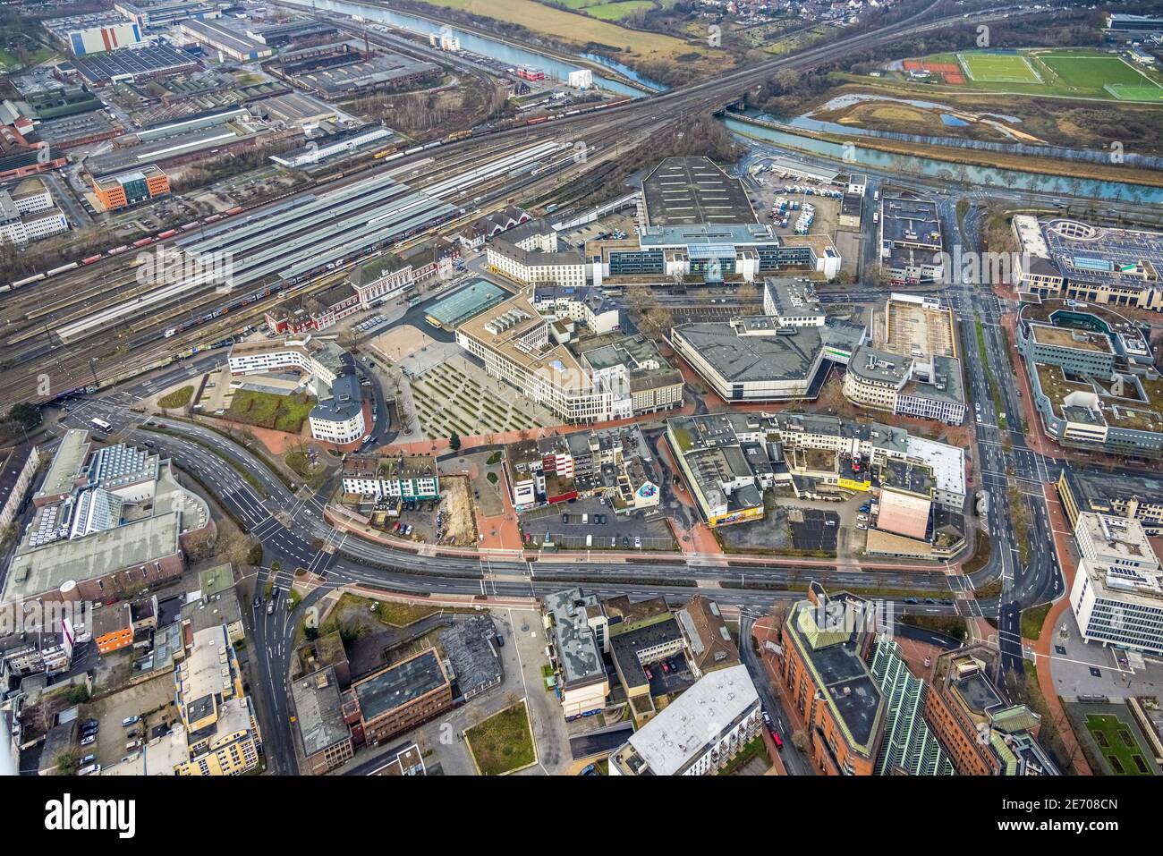 Aerial view of city center commercial buildings Bahnhofstraße in Hamm, Ruhr area, North Rhine-Westphalia, Germany, railroad tracks, train station, fed Stock Photo