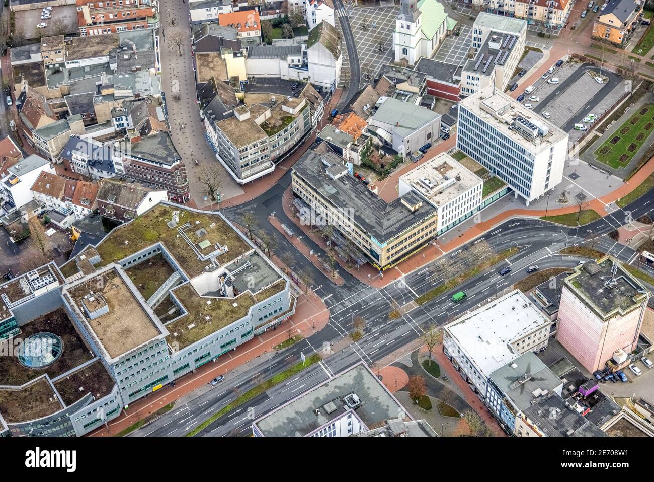 Aerial view of city center commercial buildings Bahnhofstraße in Hamm, Ruhr area, North Rhine-Westphalia, Germany, Bundesstraße B63, Westentor, City, Stock Photo