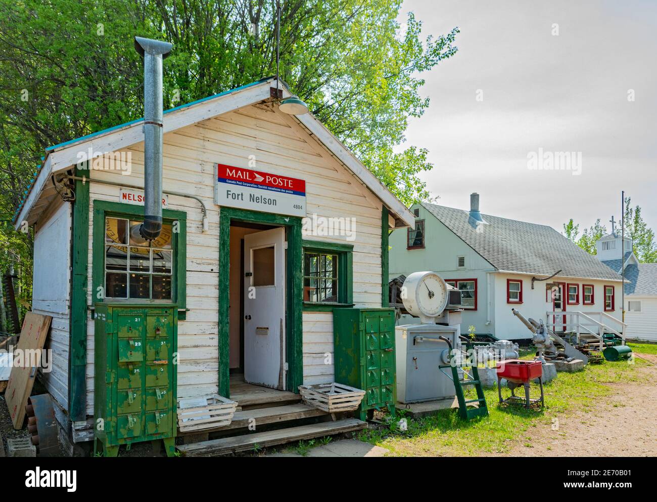 Canada, British Columbia, Fort Nelson Heritage Museum, vehicles, equipment including items used to build the Alaska Highway, old post office Stock Photo