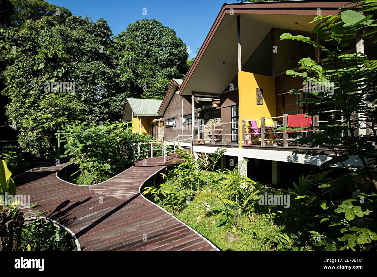 Cabins for tourist accommodation at Gunung Mulu national park, Malaysia Stock Photo