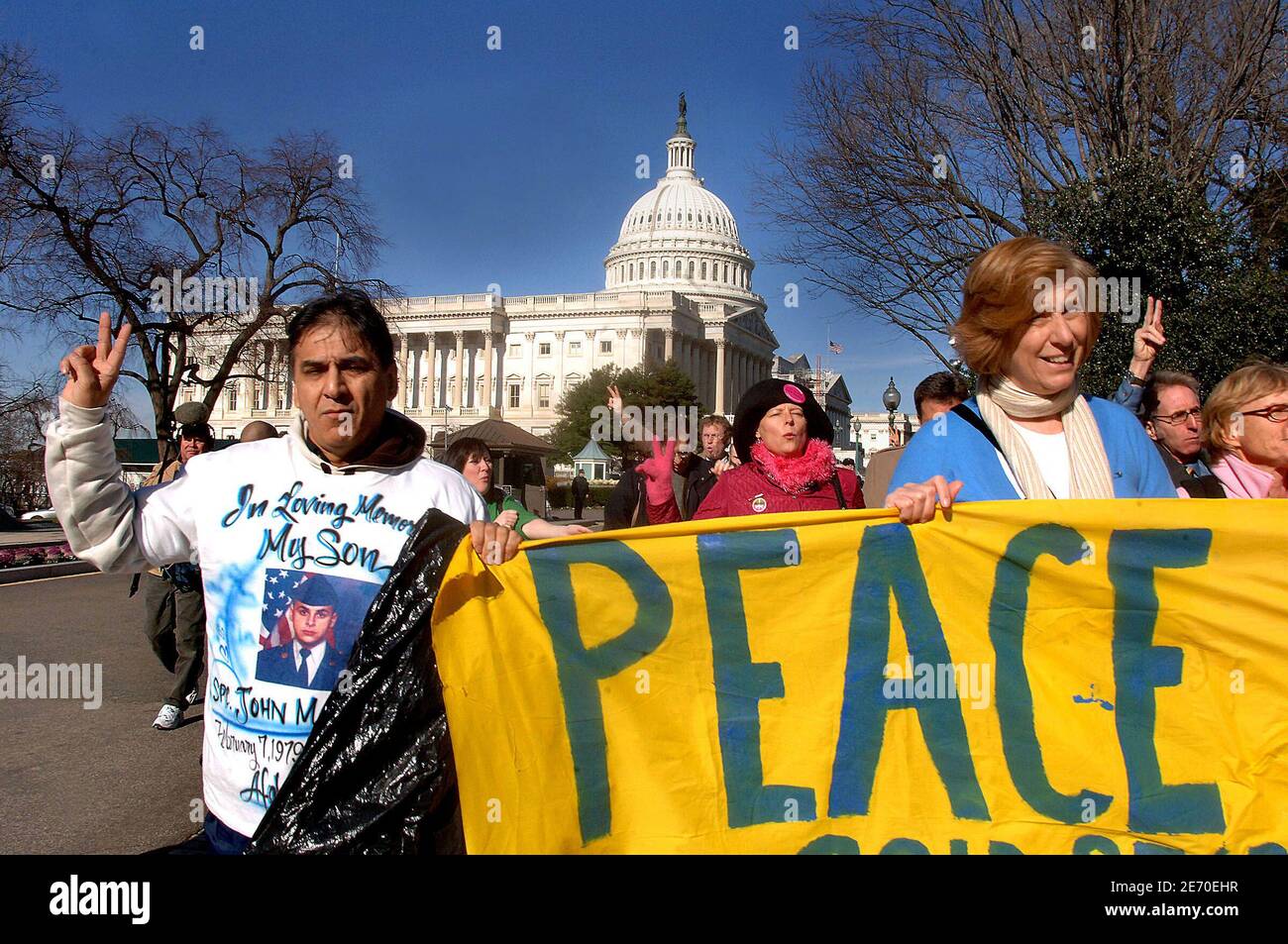 Iraq war protester Cindy Sheehan and members of Gold Star Families for Peace gathers in front of the Capitol to commemorate the 3,000th U.S. soldier killed in Iraq January 3, 2007 in Washington DC. The number of U.S. military deaths in Iraq has reportedly reached 3004 since the 2003 invasion began. Photo by Olivier Douliery/ABACAPRESS.COM Stock Photo