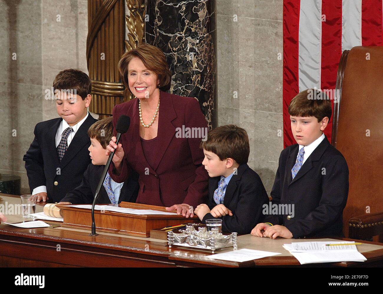 Speaker of the House Nancy Pelosi (D-CA)stands with her Grandsons after being elected as the first woman Speaker during a swearing in ceremony for the 110th Congress in the House Chamber of the U.S. Capitol, on January 4, 2007 in Washington, DC, USA. Pelosi will lead House Democrats as the Democratic Party takes control of both houses of Congress. Photo by Olivier Douliery/ABACAPRESS.COM Stock Photo