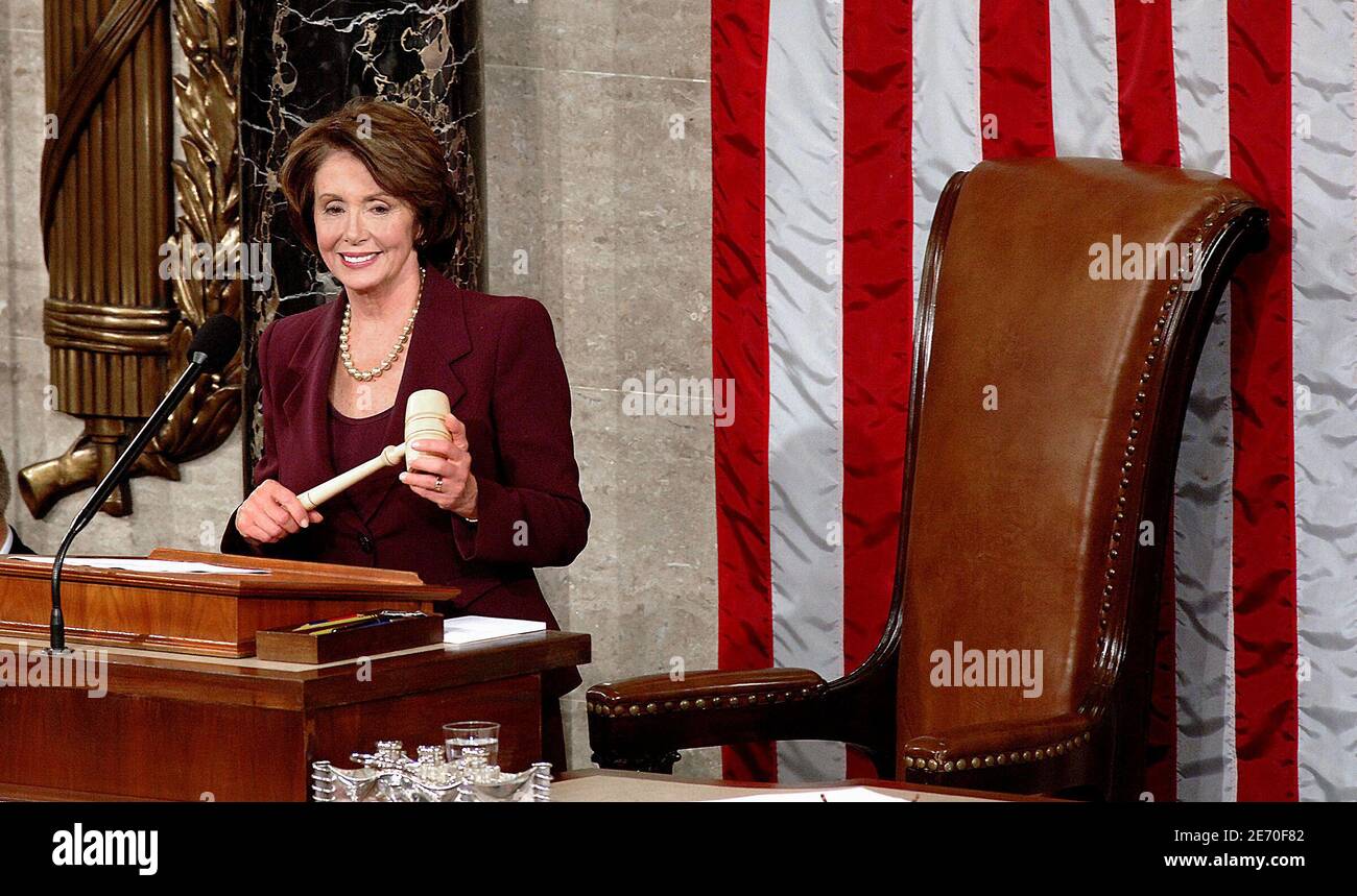 Speaker of the House Nancy Pelosi (D-CA) wields the Speaker's gavel after being elected as the first woman Speaker during a swearing in ceremony for the 110th Congress in the House Chamber of the U.S. Capitol, on January 4, 2007 in Washington, DC, USA. Pelosi will lead House Democrats as the Democratic Party takes control of both houses of Congress. Photo by Olivier Douliery/ABACAPRESS.COM Stock Photo