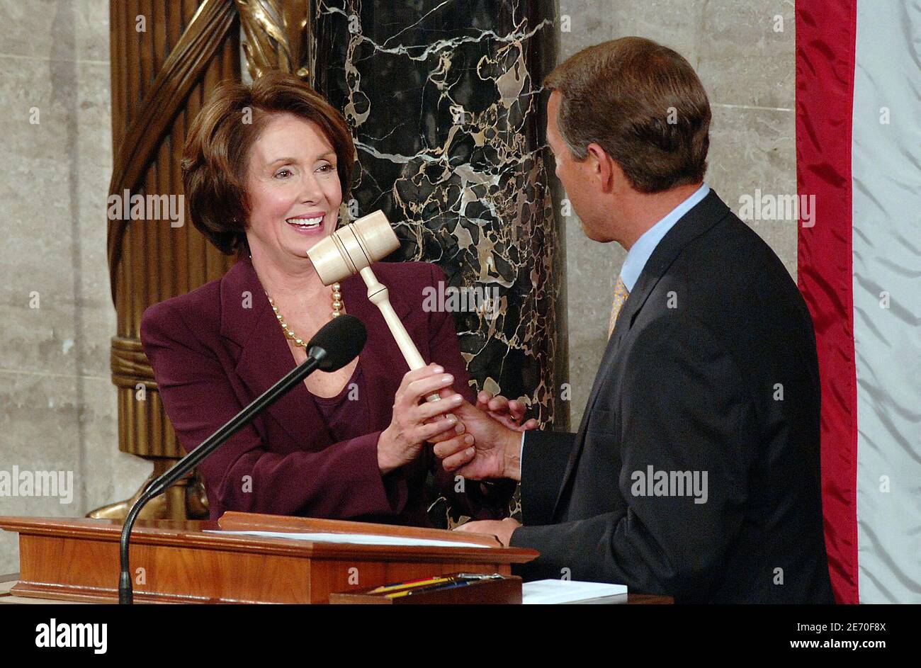 Speaker of the House Nancy Pelosi (D-CA) receives the Speaker's gavel after being elected as the first woman Speaker during a swearing in ceremony for the 110th Congress in the House Chamber of the U.S. Capitol, on January 4, 2007 in Washington, DC, USA. Pelosi will lead House Democrats as the Democratic Party takes control of both houses of Congress. Photo by Olivier Douliery/ABACAPRESS.COM Stock Photo