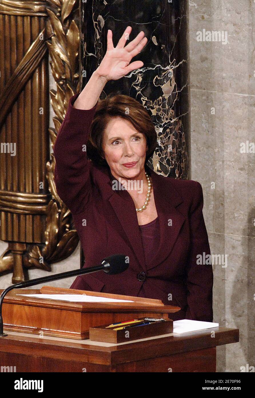 Speaker of the House Nancy Pelosi (D-CA) waves after being elected as the first woman Speaker during a swearing in ceremony for the 110th Congress in the House Chamber of the U.S. Capitol, on January 4, 2007 in Washington, DC, USA. Pelosi will lead House Democrats as the Democratic Party takes control of both houses of Congress. Photo by Olivier Douliery/ABACAPRESS.COM Stock Photo