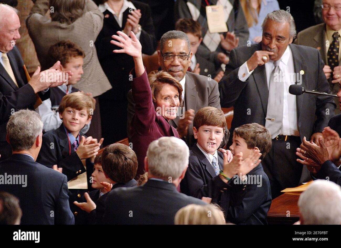 Speaker of the House Nancy Pelosi (D-CA) reacts after being elected as the first woman Speaker during a swearing in ceremony for the 110th Congress in the House Chamber of the U.S. Capitol, on January 4, 2007 in Washington, DC, USA. Pelosi will lead House Democrats as the Democratic Party takes control of both houses of Congress. Photo by Olivier Douliery/ABACAPRESS.COM Stock Photo